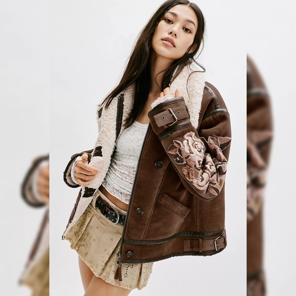 Free People Jackets & Blazers - We The Free Andies Vegan Moto‎ Jacket Brown Bear Combo Women's Size Small
